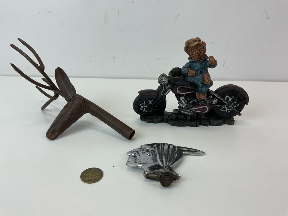 Teddy Bear Figurine, Chrome Mascot Ornament, Welded Deer, and Coin