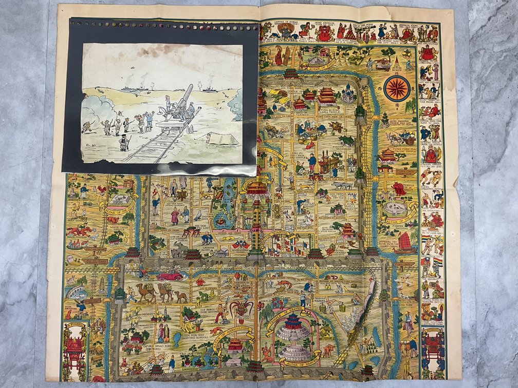 Pictorial Map of Peiping and Military Cartoon Drawing