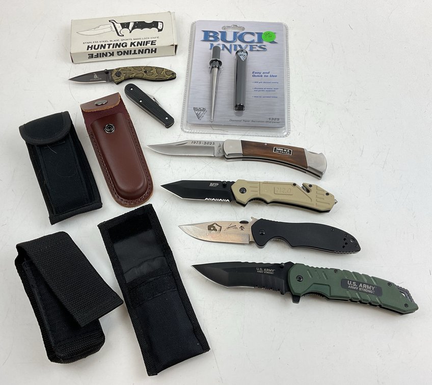 Folding Pocket Knives, Buck Sharpener, and Sheaths