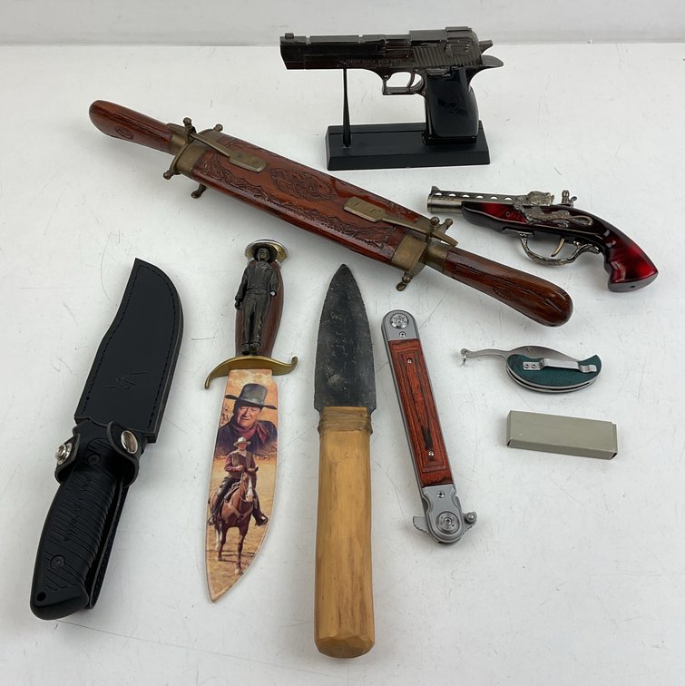Knives, Replica Pistol Lighters, and Carving Set