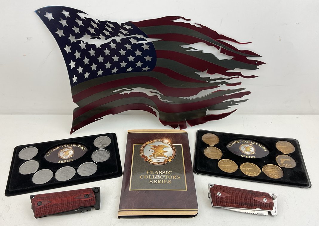 Commemorative Medallions, Metal American Flag, and Folding Knives