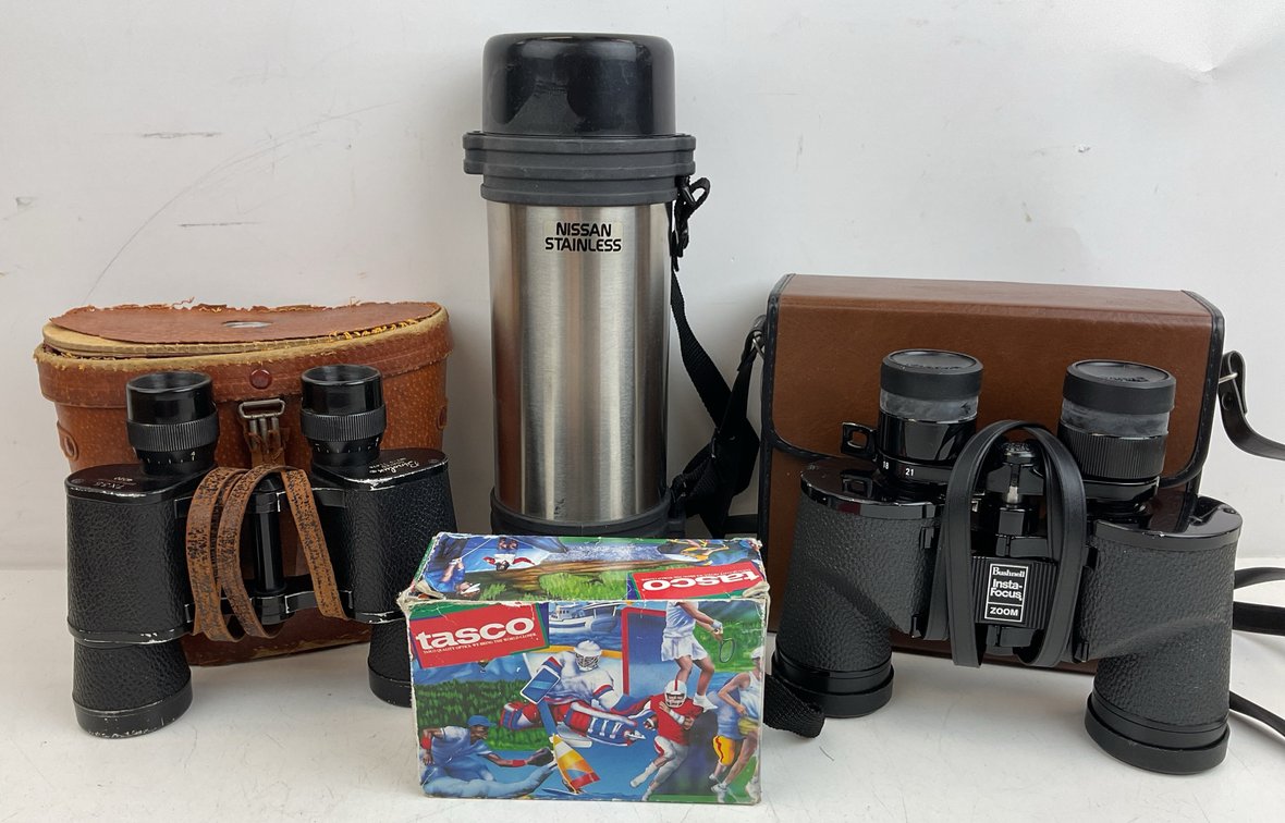 Binoculars and Stainless Steel Thermos