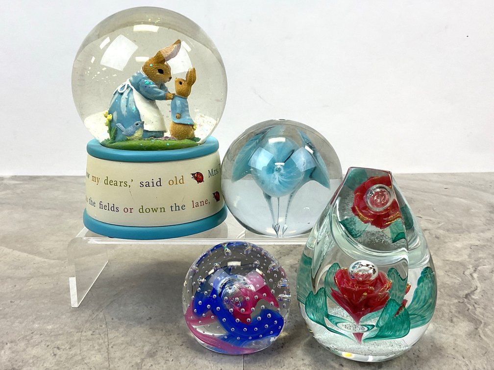 Peter Rabbit Snow Globe and Art Glass Paperweights