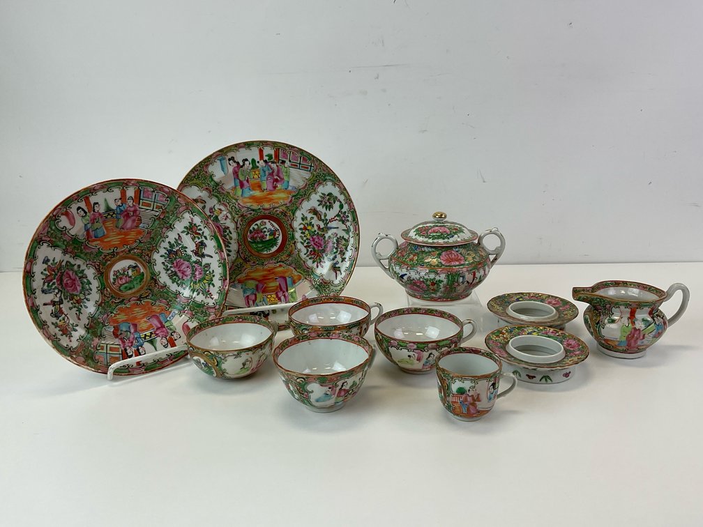 Chinese Rose Medallion Porcelain Plates, Teacups, and Tableware