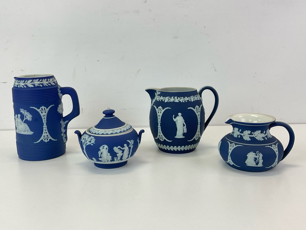 Wedgwood Blue Jasperware Pitchers, Sugar Bowl, and Creamer