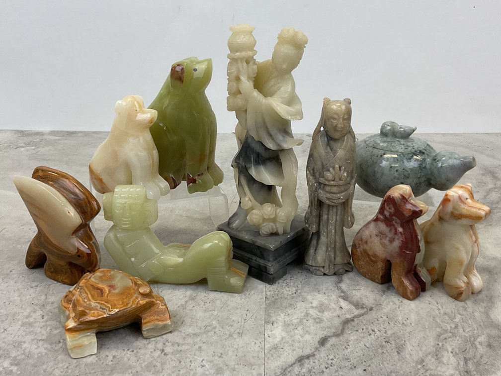 Carved Stone Animal Figurines, Sculptures, and Teapot