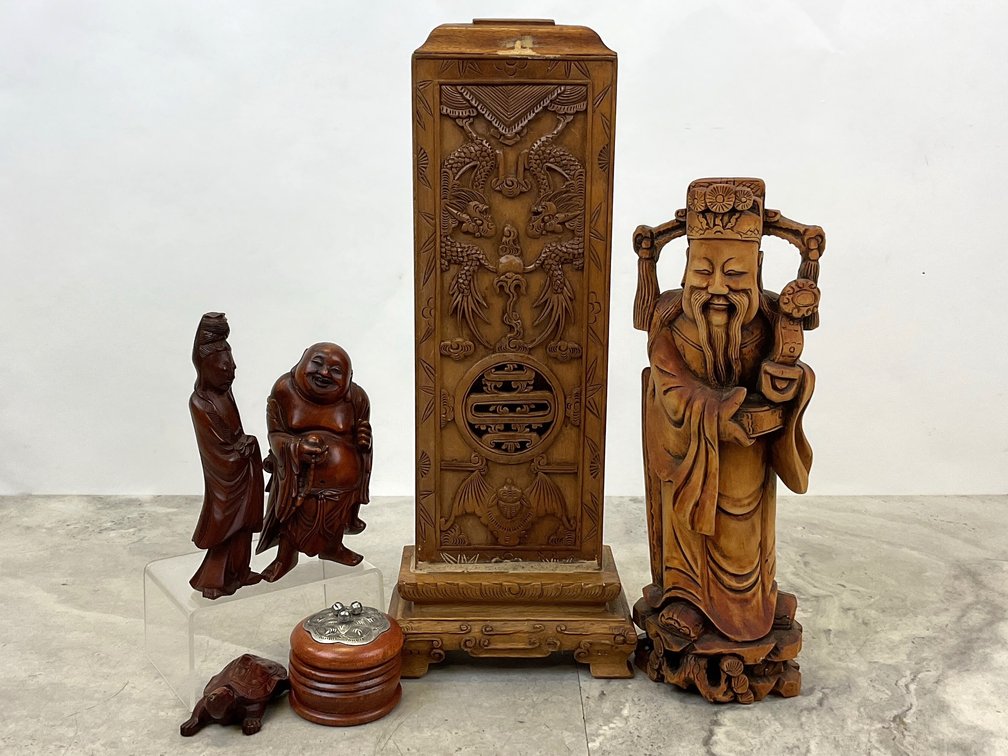 Carved Wood Figurines, Dragon Panel, and Lidded Box
