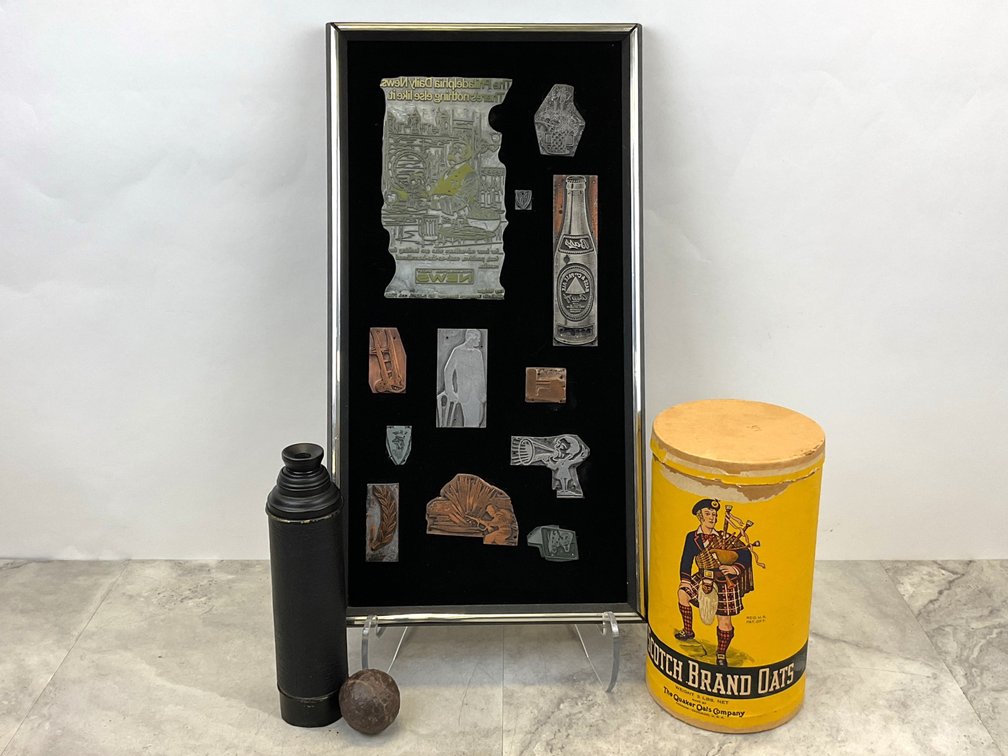 Framed Printing Plates, Oats Canister, Iron Ball, and More
