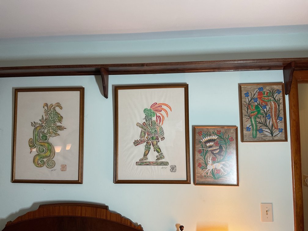 Framed Mayan Prints and Mexican Folk Art Paintings
