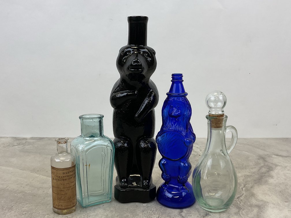 Glass Figural Bottles, Medicine Bottle, and Handled Cruet