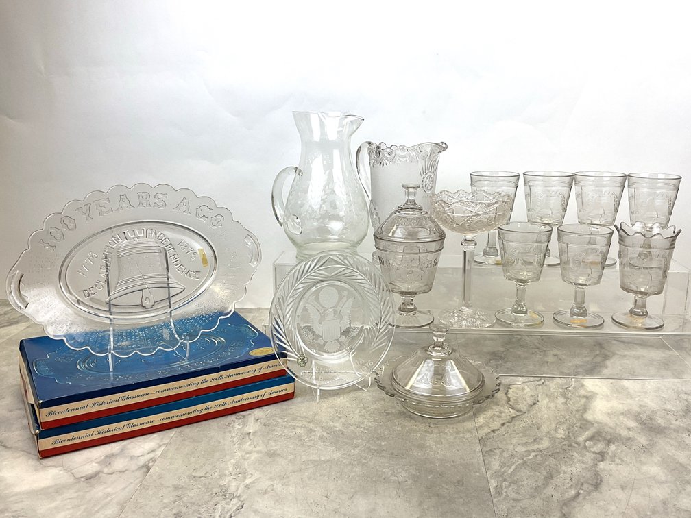 Commemorative Pressed Glass Platters, Goblets, and Tableware
