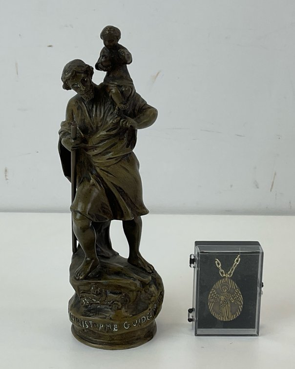 Saint Christopher Statue and Angel Pendant Necklace