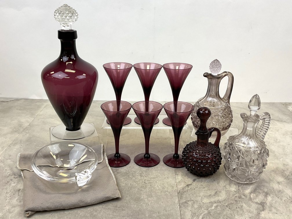 Steuben Glass, Amethyst Glass Decanter & Assorted Glass