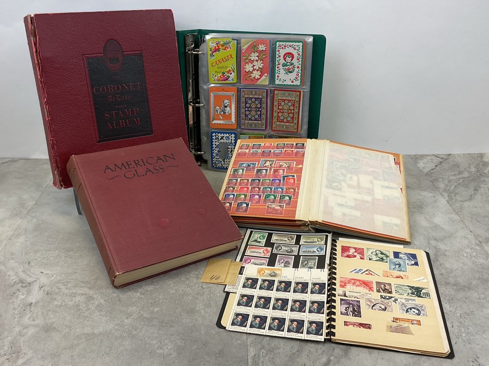 Stamp Albums, Playing Card Binder, and American Glass Book