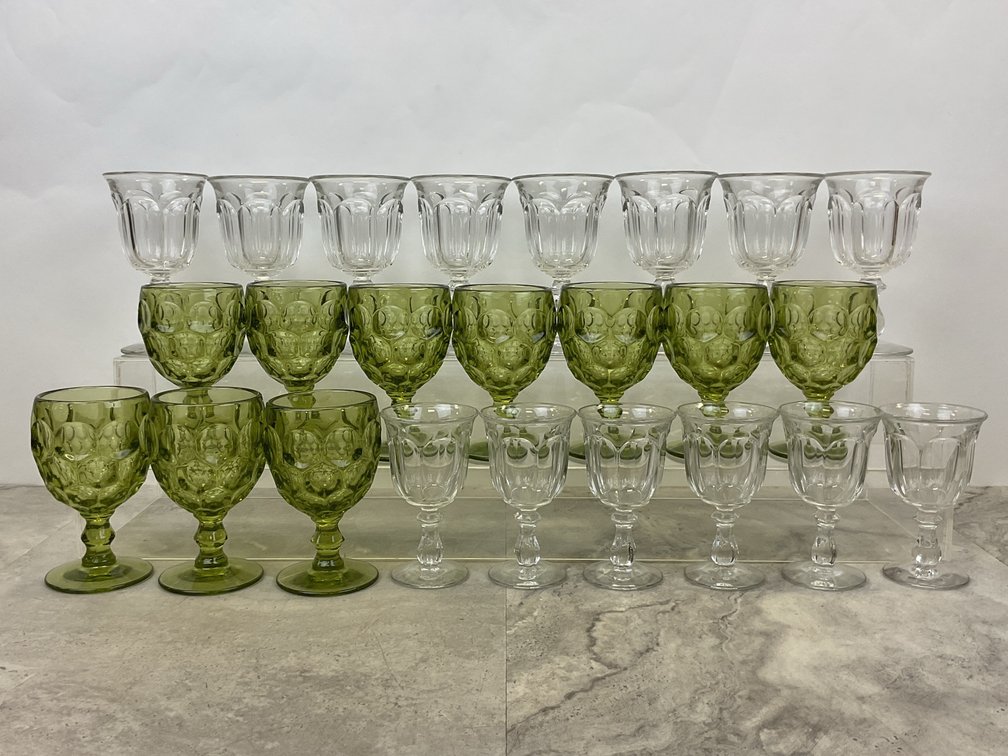 Clear and Olive Green Pressed Glass Stemware