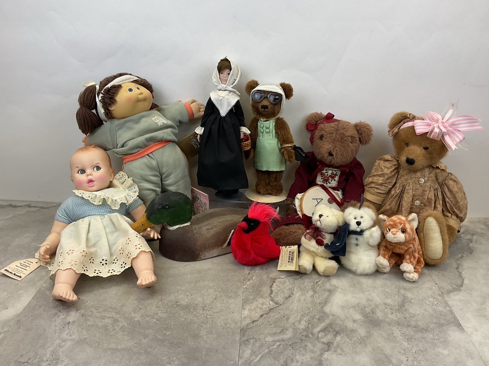 Carved Duck Decoy & Dolls and Plush Teddy Bears