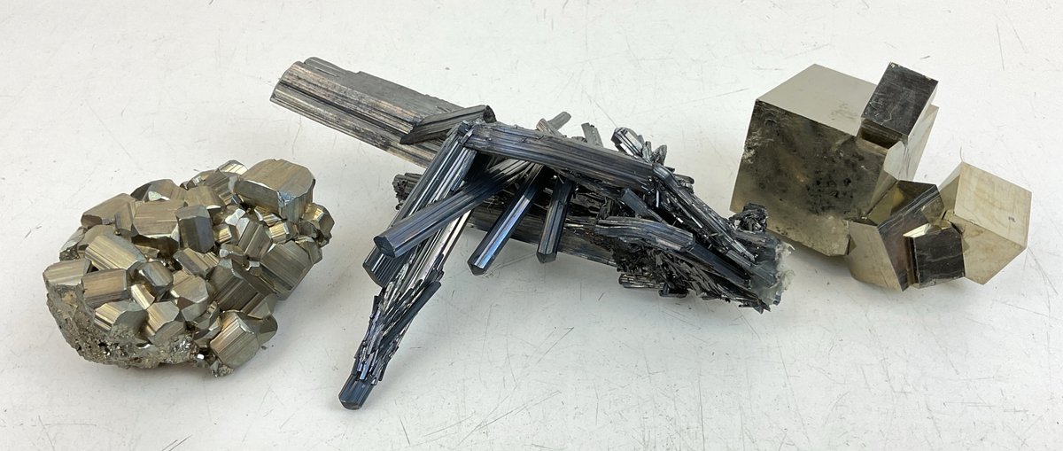 Three Pyrite and Stibnite Mineral Crystal Specimens