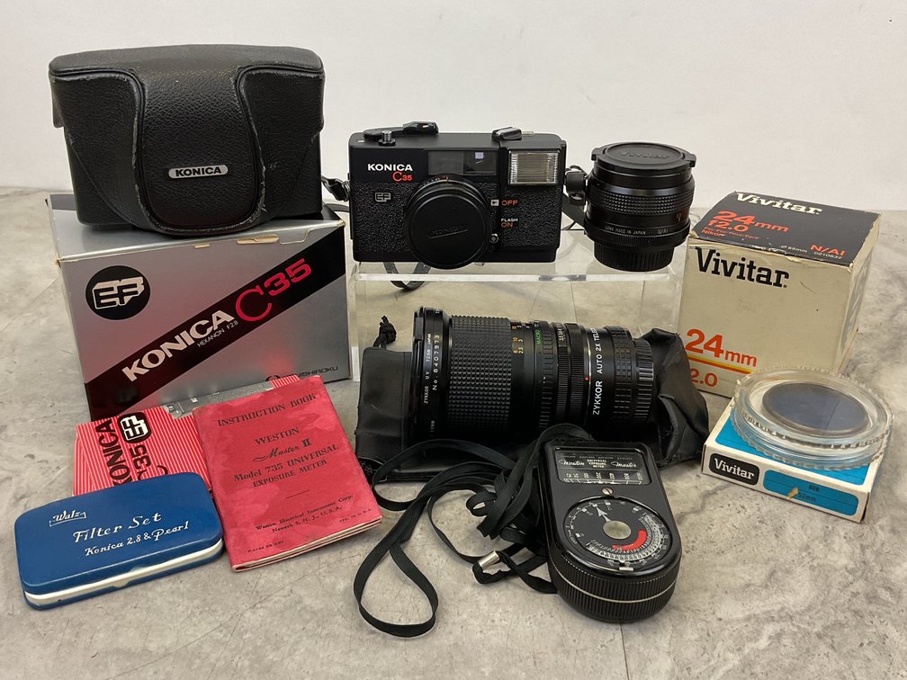 Konica C35 EF 35mm Camera, Lenses, Exposure Meter, and Filters
