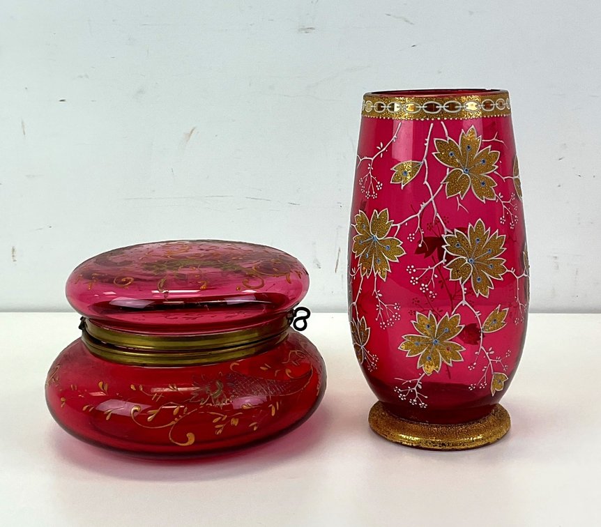 Cranberry Glass Dresser Box and Vase