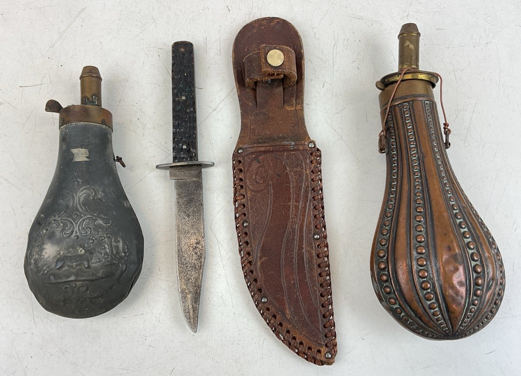 Metal Powder Flasks, Fixed-Blade Knife, and Sheath