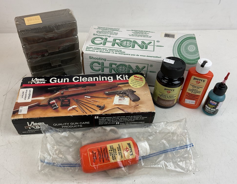Shooting Chrony, Gun Cleaning Supplies, and Ammo Boxes