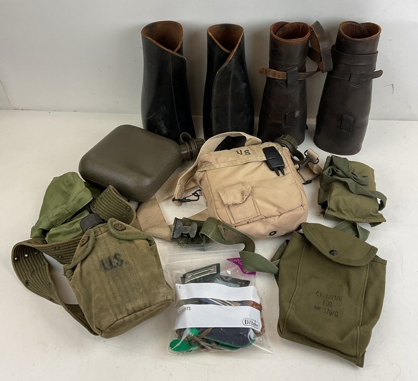 Military Field Gear, Leather Gaiters, Canteens, and Insignia Lot