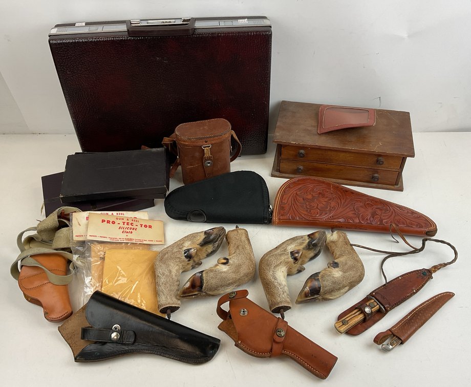 Sporting Accessories, Leather Holsters, and Binoculars