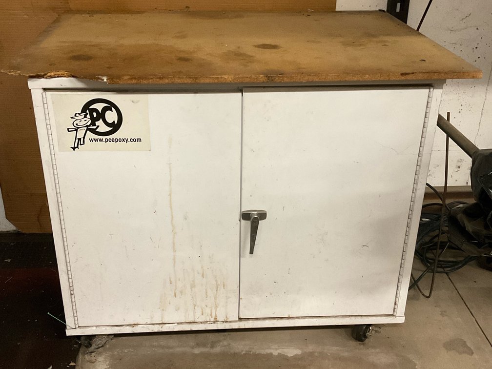 Rolling Two-Door Metal Cabinet with Wood Top