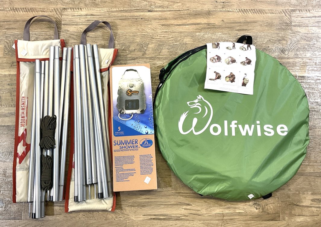 Pop-Up Privacy Tent, Solar Camp Shower, and Tarp Poles