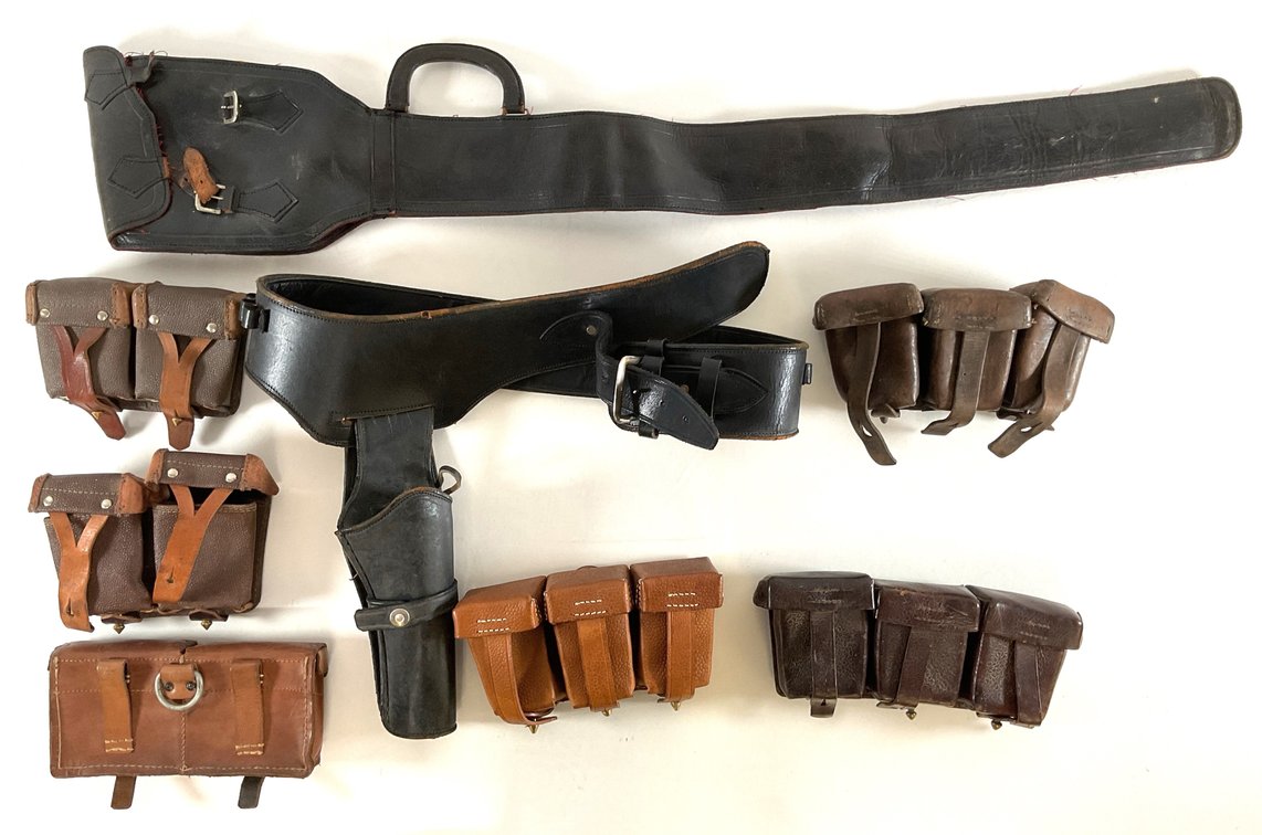 Leather Rifle Scabbard, Holster Rig, and Ammunition Pouches