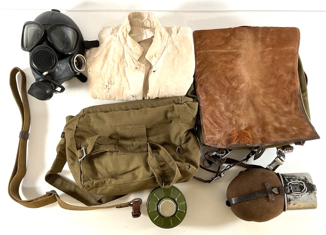 Military Field Gear with 1940 Tornister Pack, Gas Mask, and Canteen