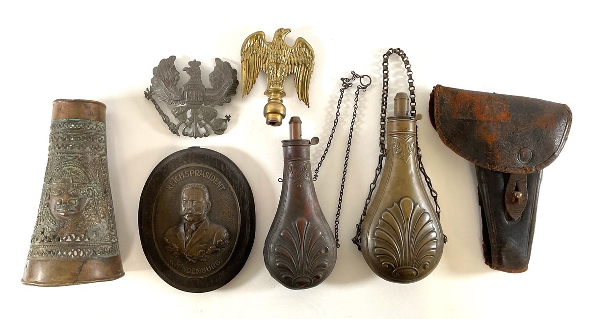 Militaria, Powder Flasks, Eagle Insignia, and Plaque