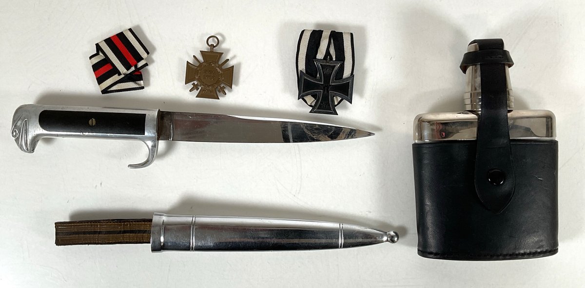 German Dress Bayonet, WWI Medals, and Cased Flask