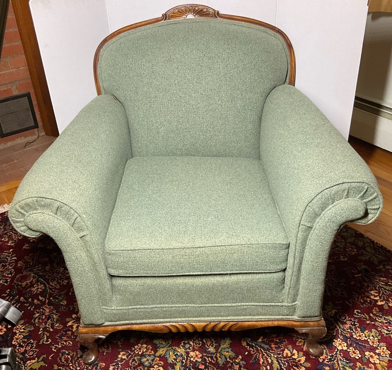 Upholstered Armchair with Carved Wood Frame
