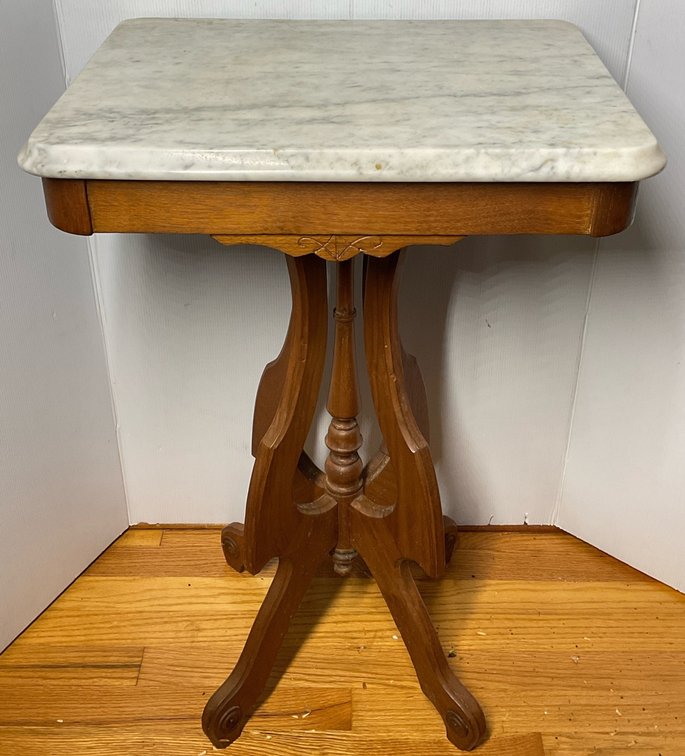 Vintage Wood End Table with Marble Top