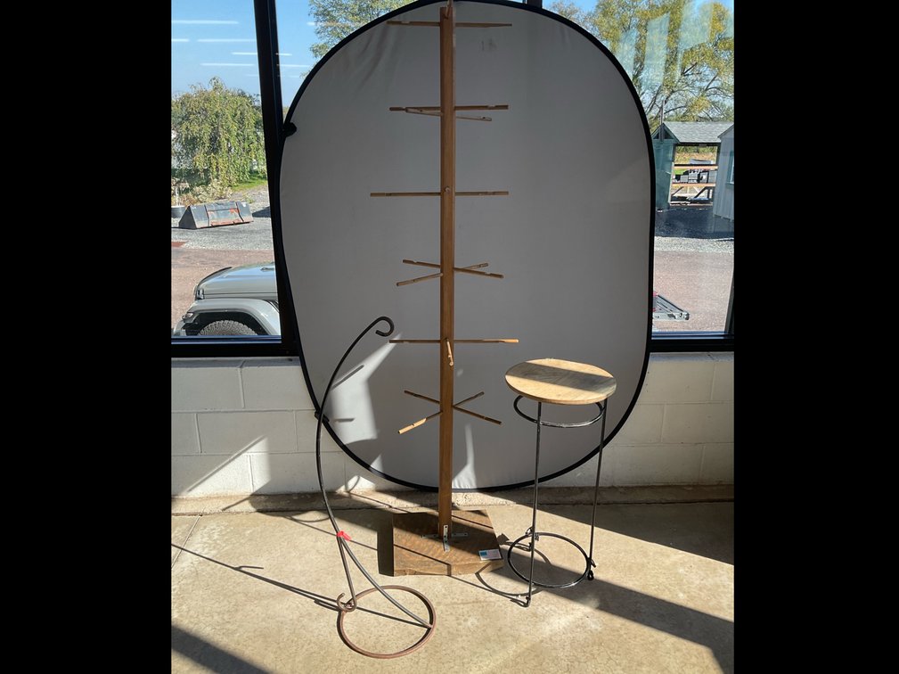 Wooden Tree Display Rack, Wood-Top Table, and Metal Hook Stand
