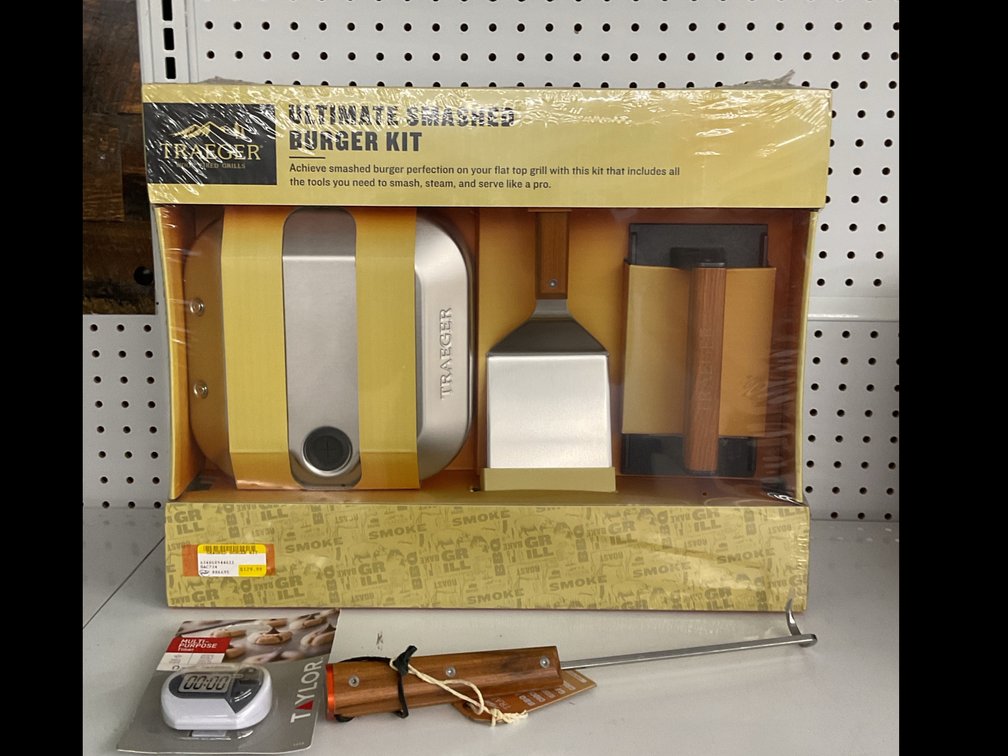 Traeger Smashed Burger Kit, BBQ Pig Tail Turner, and Taylor Timer