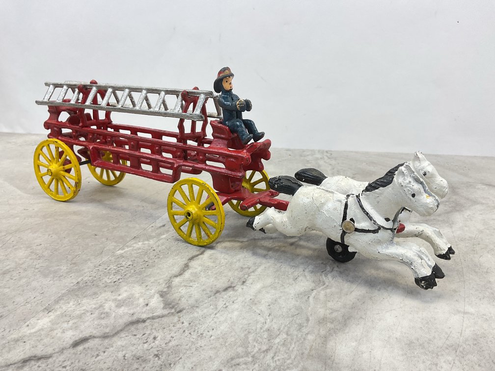 Cast Iron Horse-Drawn Fire Ladder Wagon Toy