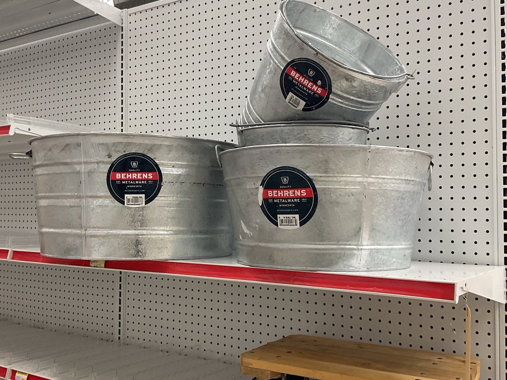 Galvanized Metal Tubs, Pails, and Wooden Plant Dolly