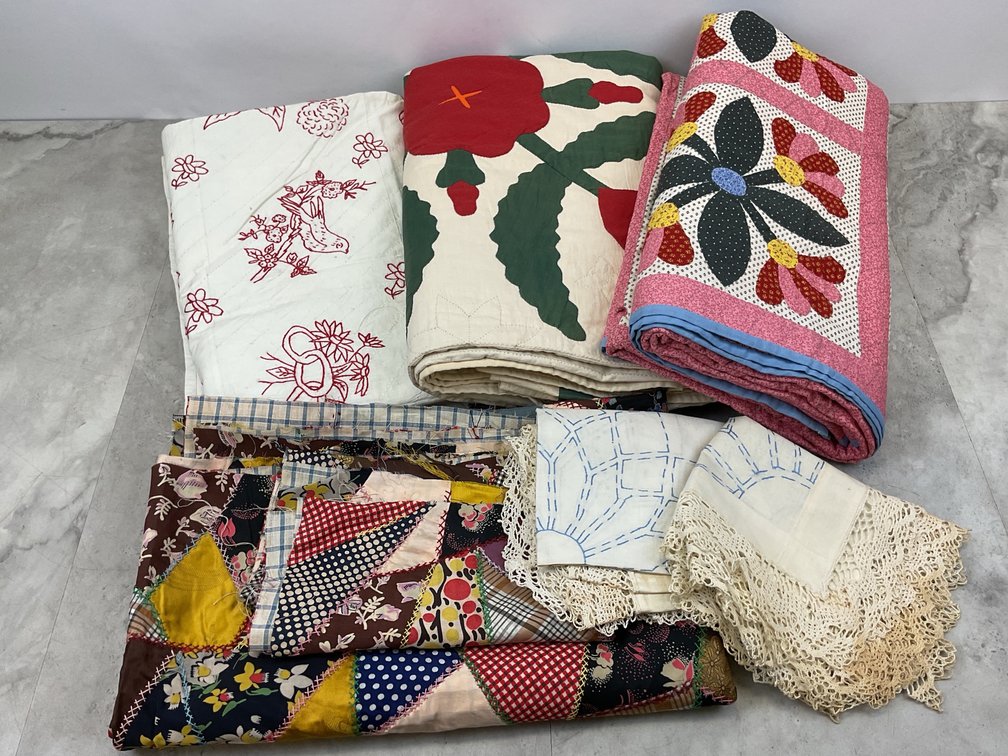 Applique Quilts, Crazy Quilt Top, and Embroidered Linens