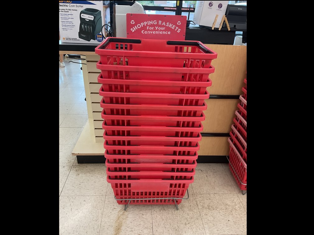 Red Plastic Shopping Baskets with Wire Stand