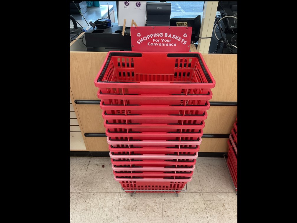 Red Plastic Shopping Baskets with Wire Stand