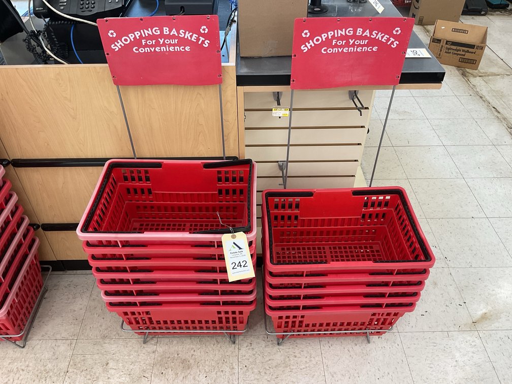 Red Plastic Shopping Baskets with Wire Floor Stands