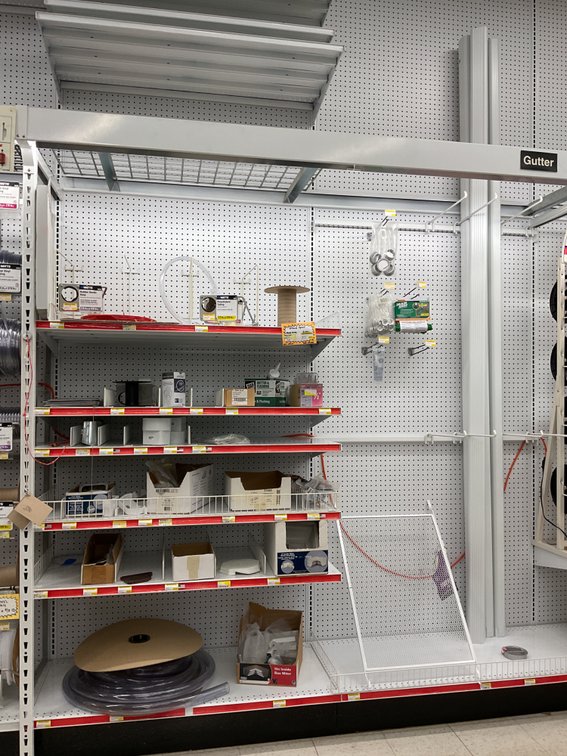 Gutter Sections, Louvers, Tubing, and Hardware Shelf Contents