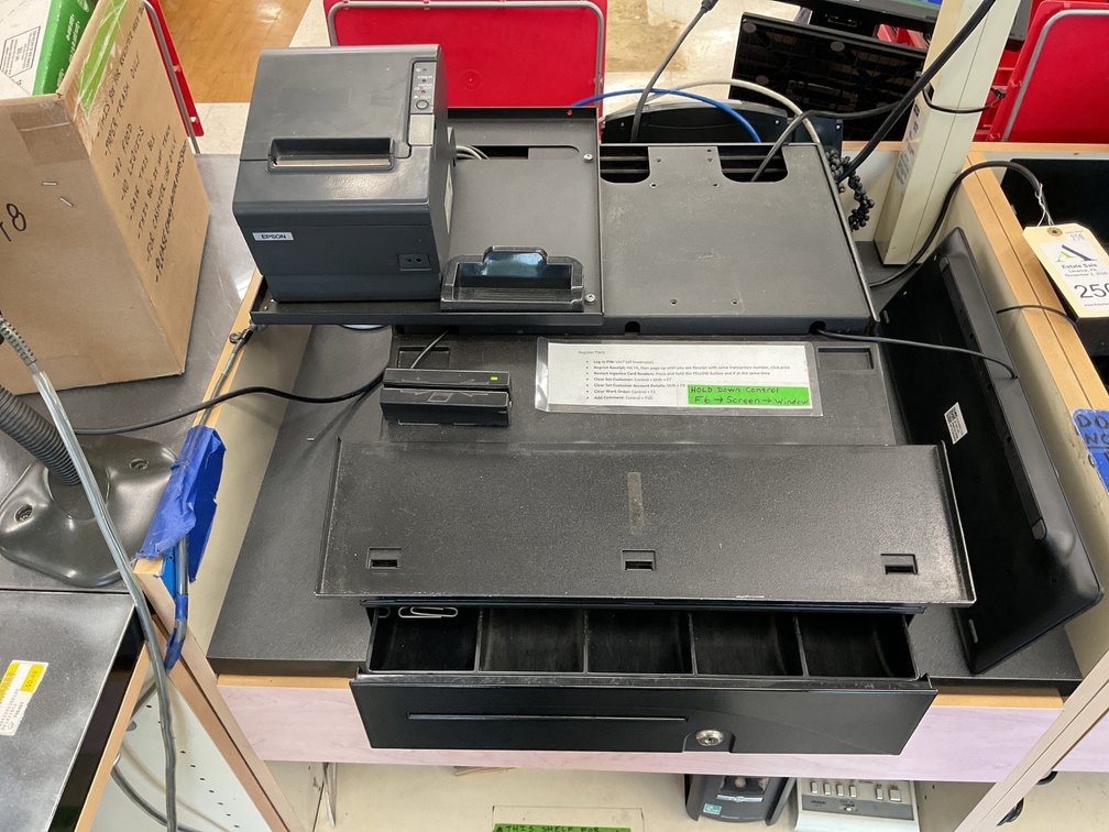 POS Cash Drawer Station with Receipt Printer, Card Reader, and Paper