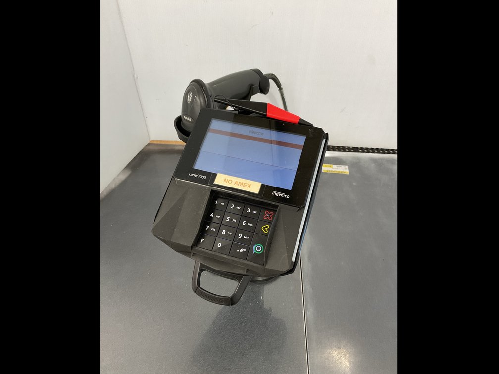 Payment Terminal on Swivel Stand and Barcode Scanner