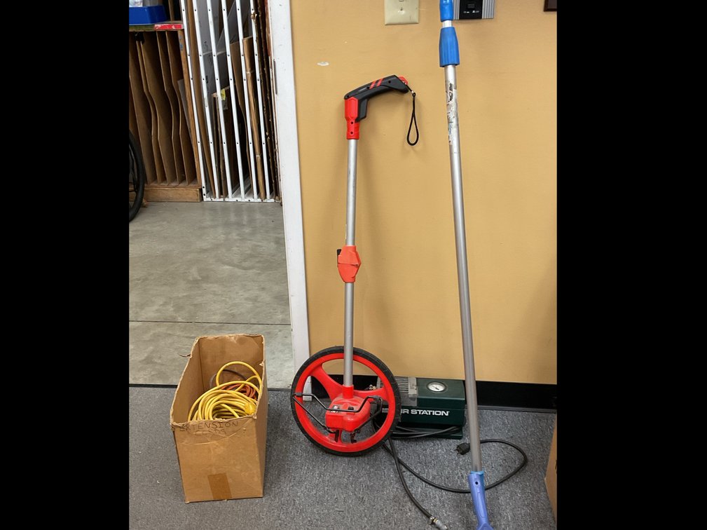 Measuring Wheel, Telescoping Pole, Inflator, and Extension Cords