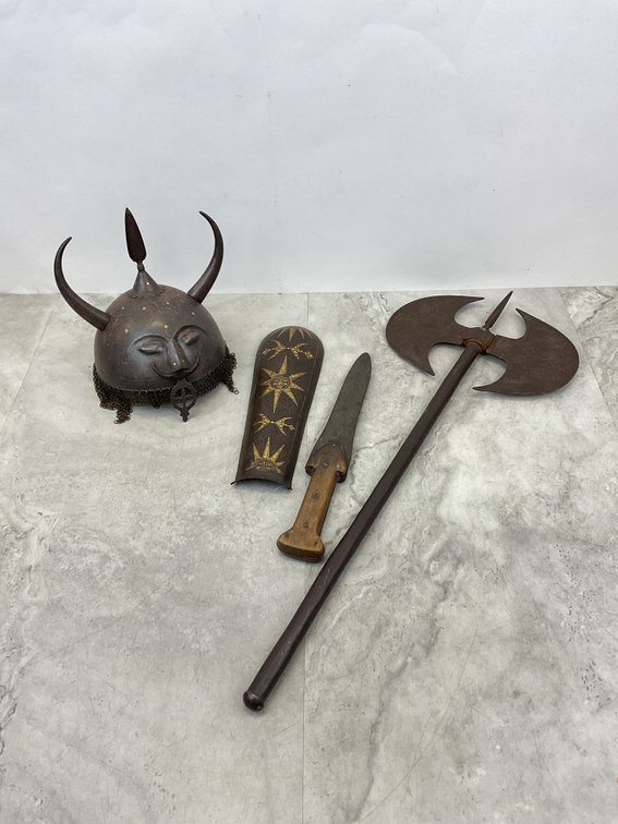 Indo-Persian Style Helmet, Arm Guard, Axe, and Dagger