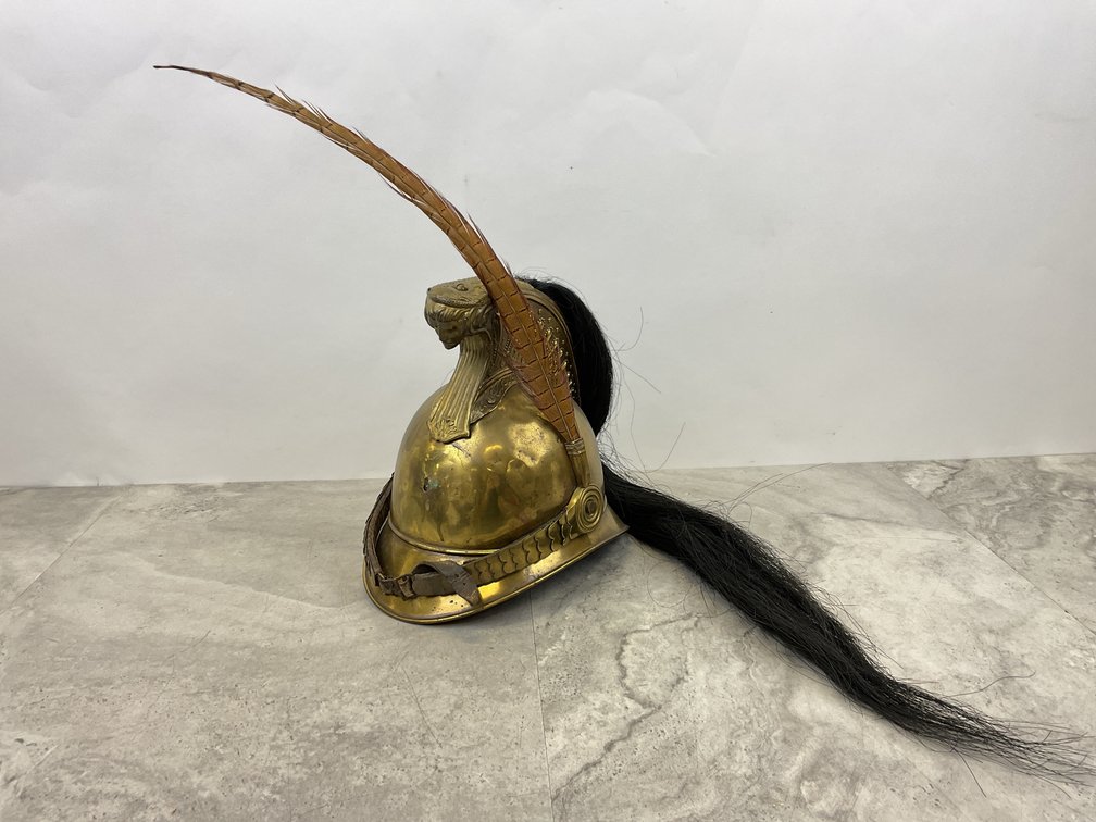 Brass Cavalry Helmet with Horsehair Plume and Feather
