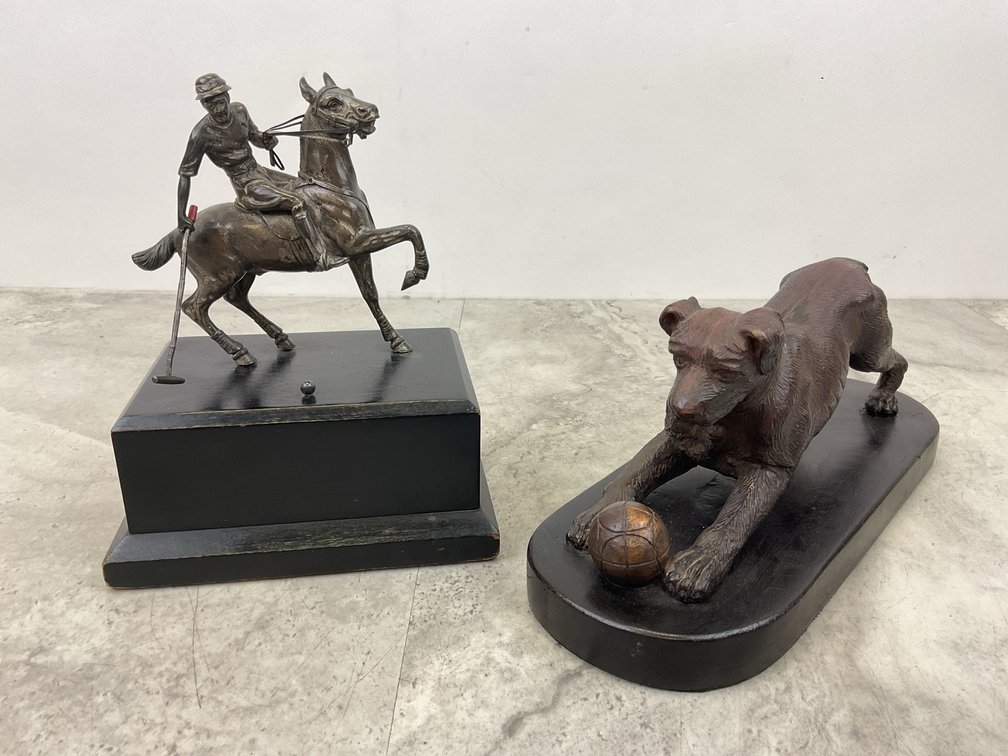 Polo Player on Horseback and Dog Sculptures